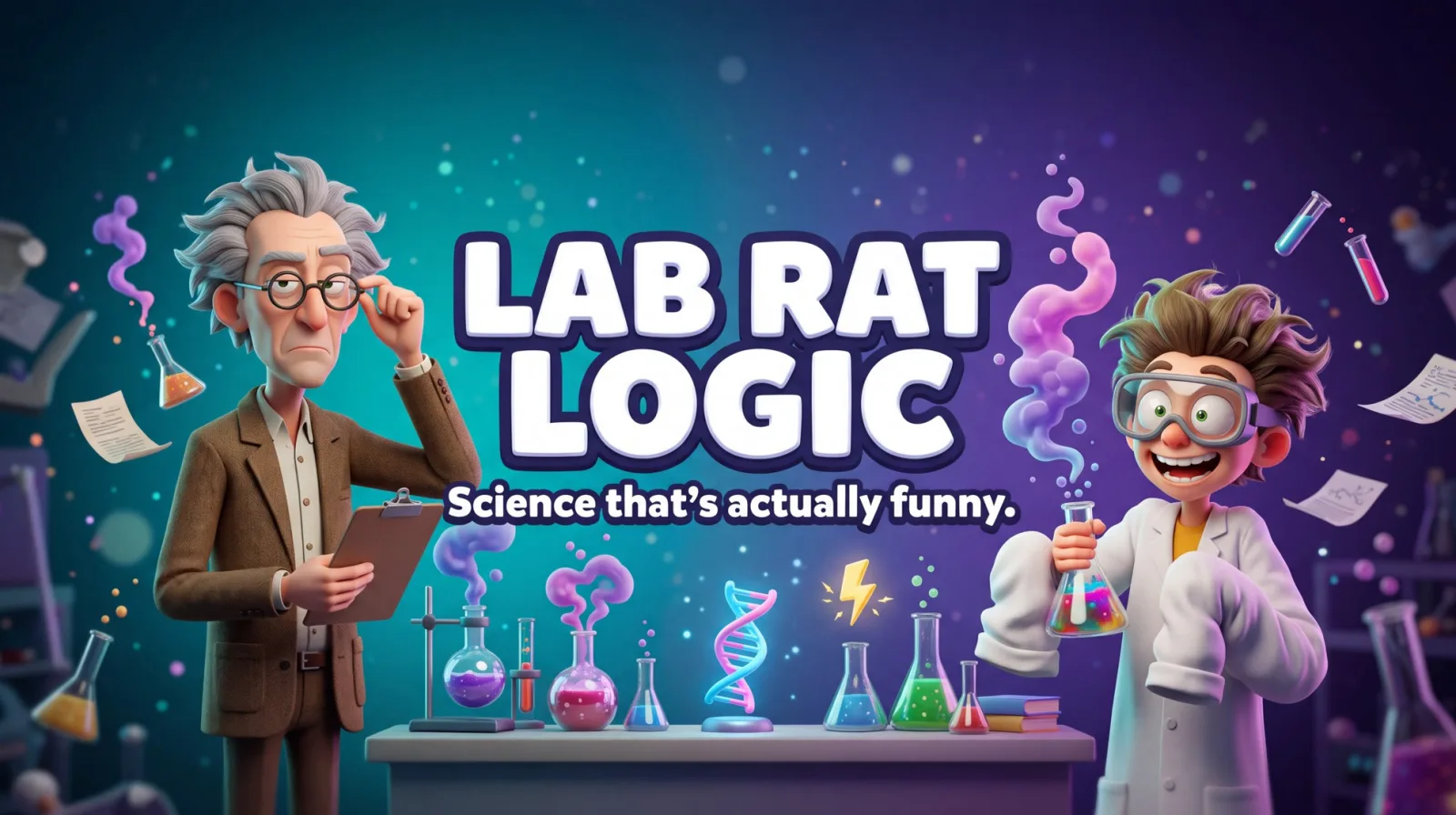 The Professor and the Intern in a colorful cartoon lab under the Lab Rat Logic logo