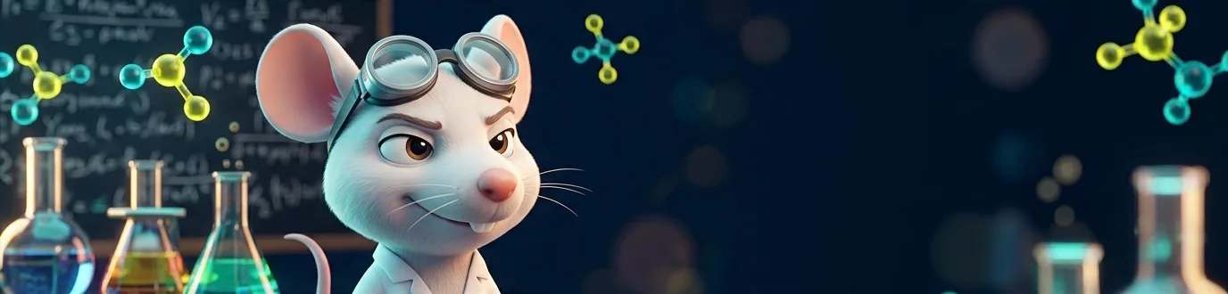 The Lab Rat in goggles in front of a chalkboard